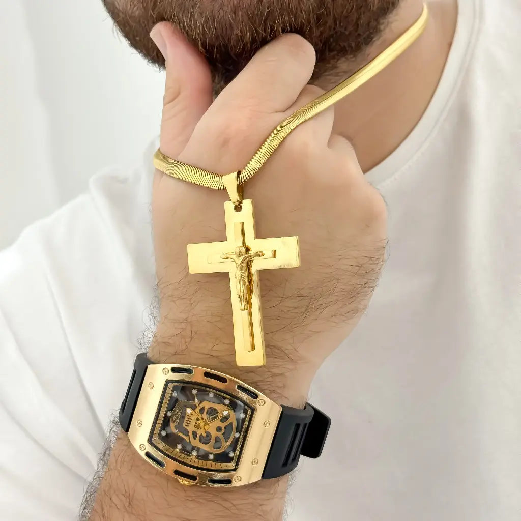 Juego de Cadena Tejido Serpiente 60cm-3m + Cruz Cristo Madero + Reloj RELOJ RICHAR MILLE