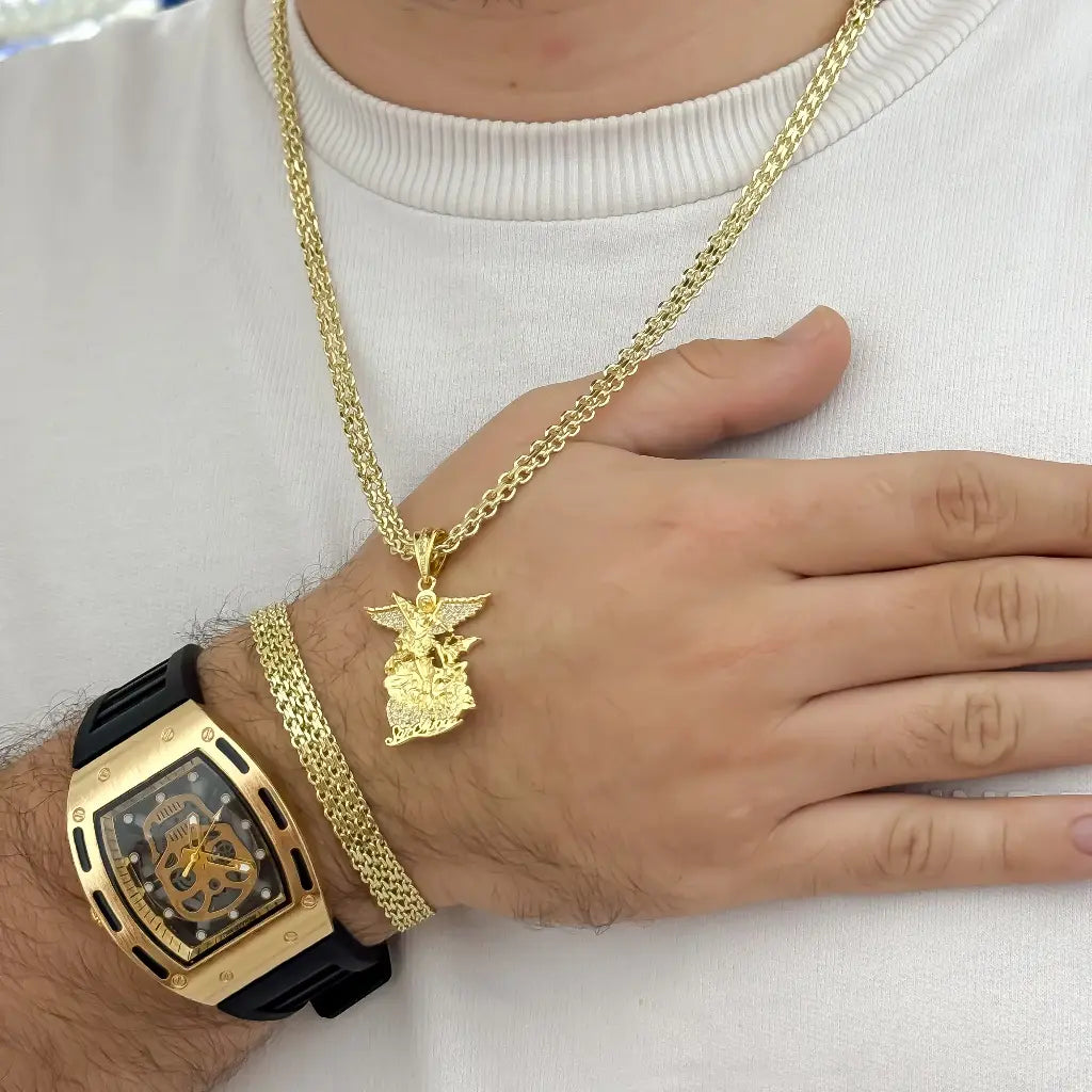 Juego de Caballero Cadena Tejido chino 60cm- 5mm + Pulsera 20cm -5mm en Baño de Oro de 18k + Reloj RICHAR MILLE
