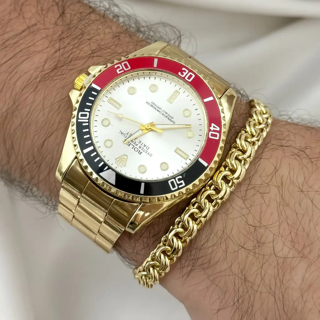 RELOJ ROLEX ORO AMARILLO + PULSERA BARBADA 20CM EN BAÑ0 DE ORO DE 18K