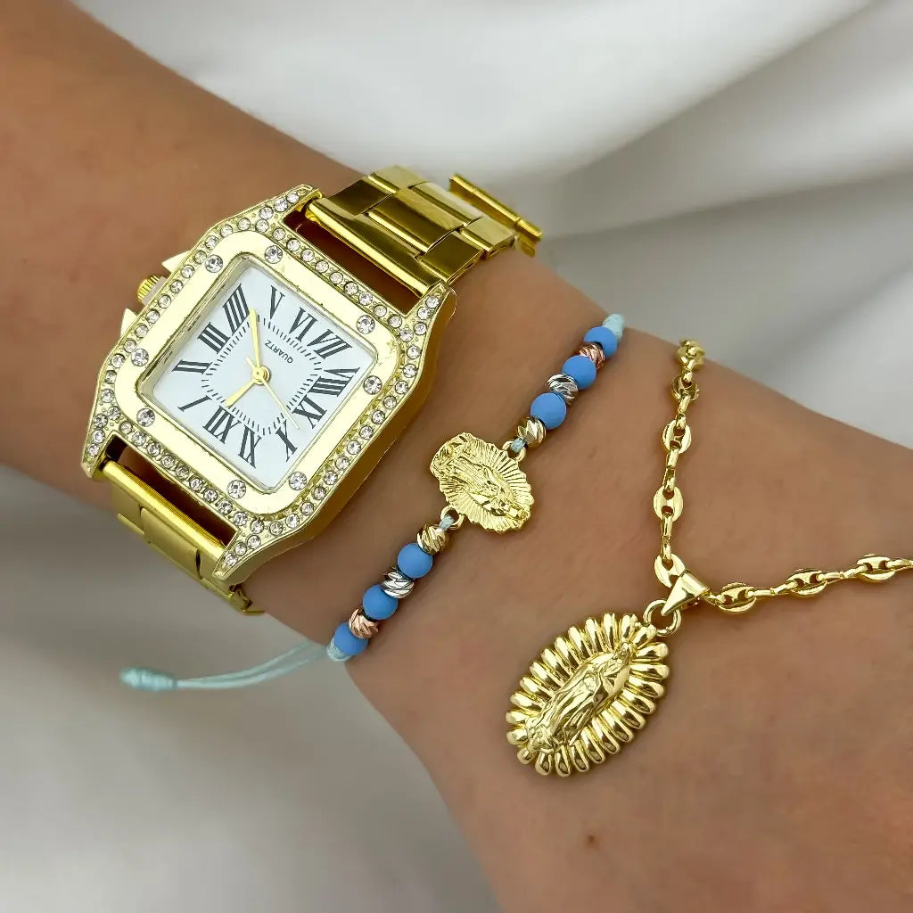 Juego de Cadena Tejido Gucci + Virgen Guadalupe + Pulsera Virgen Guadalupe Balin italiano en Baño de Oro 18k + Reloj Catier con Garantia