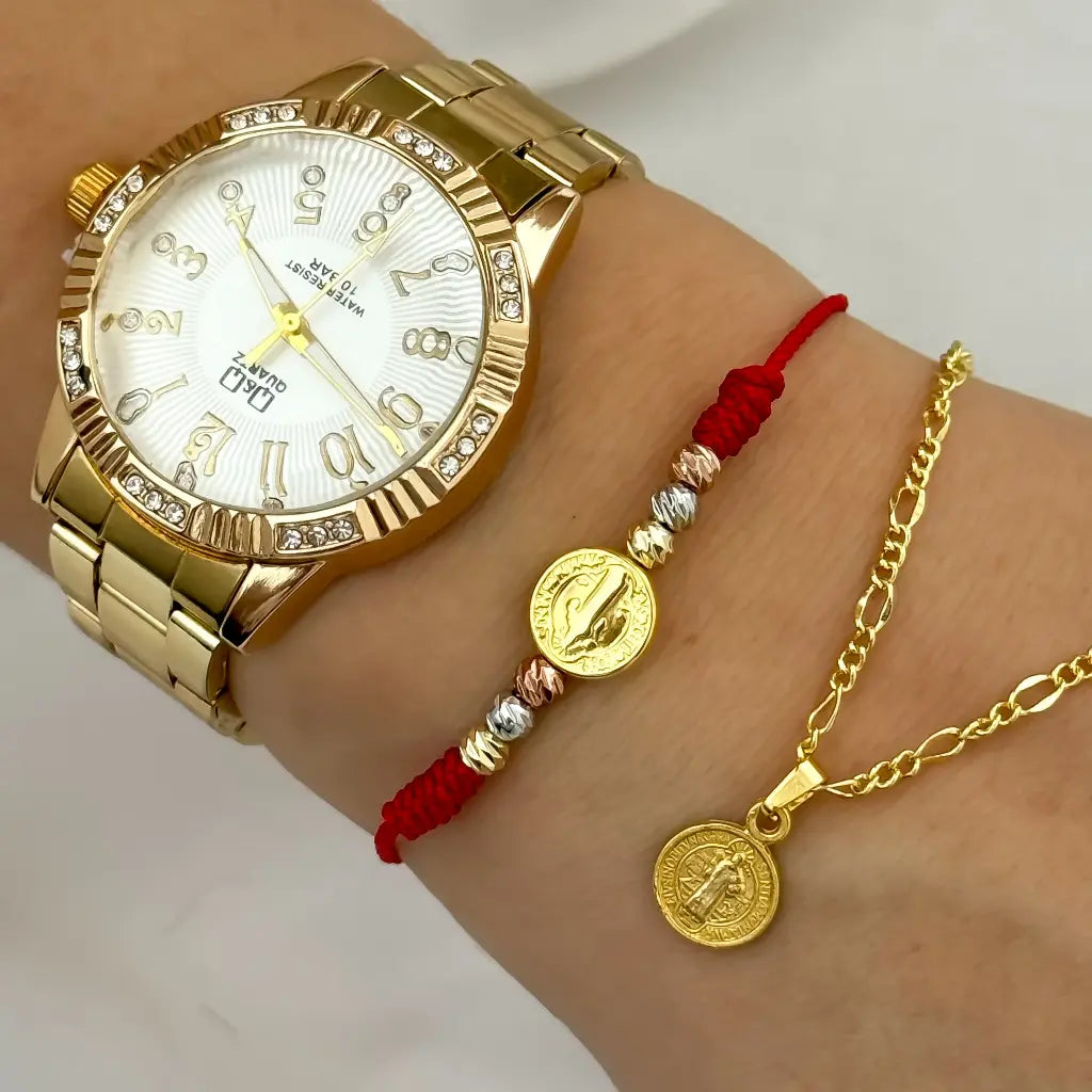 CONJUNTO SAN BENITO PROTECCION CADENA + DIJE SAN BENITO + PULSERA SAN BENITO EN BAÑO DE 18K CON GARANTIA + RELOJ DE DAMA ALTA CALIDAD