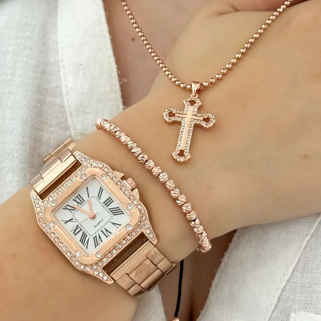 Conjunto para Dama Oro Rosa Cadena Militar + pulsera Balin Italiao 4mm Rosado en Baño de Oro de 18k con Garantia + Reloj Tipo Catier en Oro Rosa con Garantia