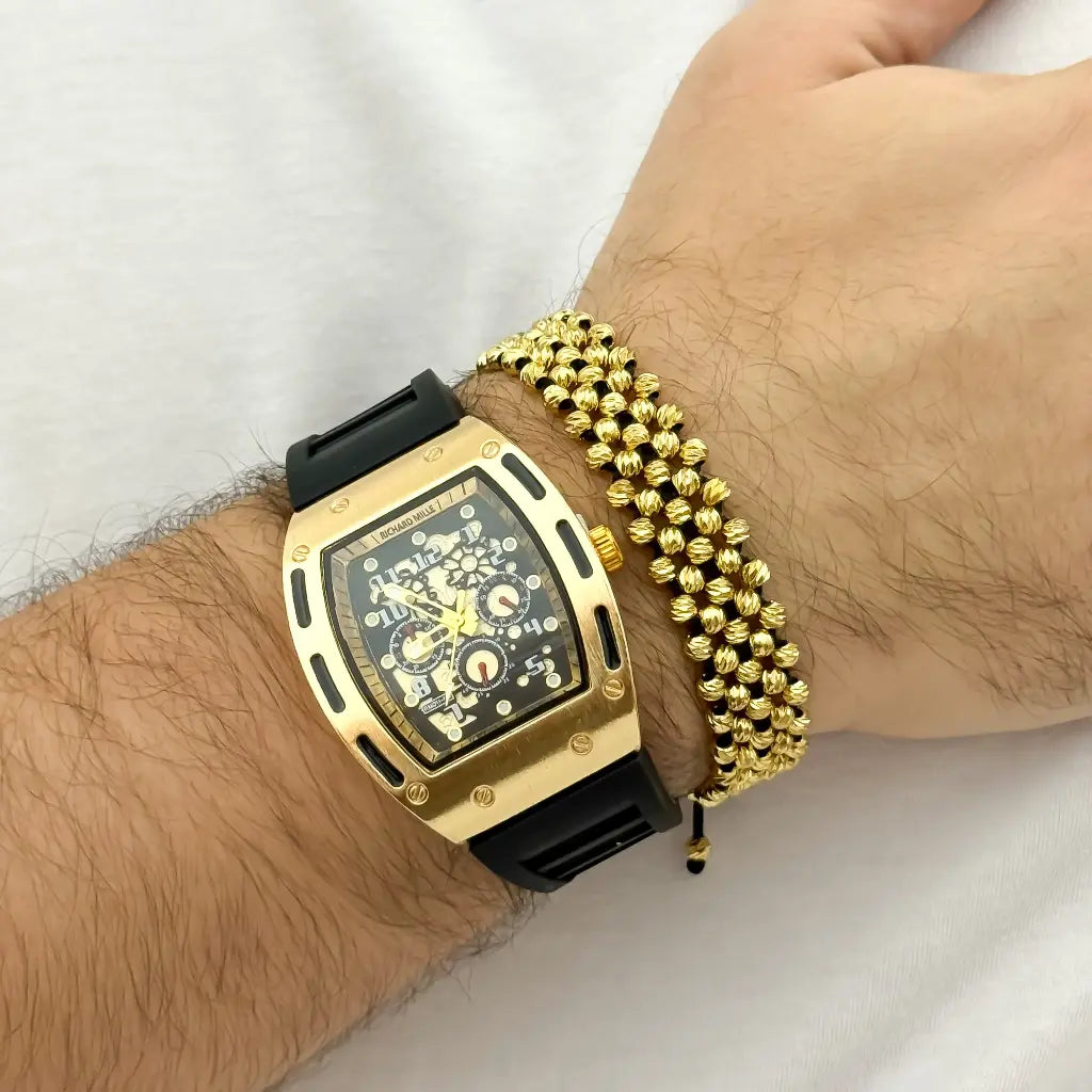 RELOJ RICHARD MILLE EN ORO AMARILLO + PULSERA BALIN DIAMANTADO 4MM 5 CARRILES EN BAÑO DE ORO DE 18K