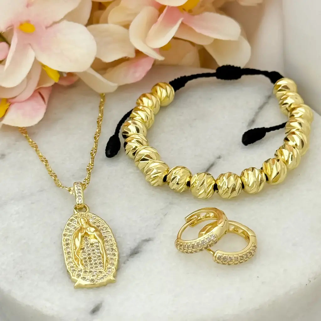 Conjunto para Dama Cadena Tejido Crispeta + Virgen Guadalupe + Candongas Circones Cristales + Pulseras Balin Italiano 6mm en Baño de Oro de 18k con Garantia de por vida