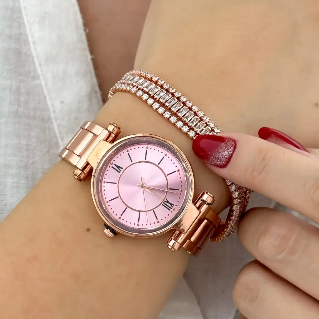 RELOJ PARA DAMA EN ORO ROSA +PULSERA TENNIS CON CIRCONES ORO ROSA EN BAÑO DE ORO 18K CON GARANTIA