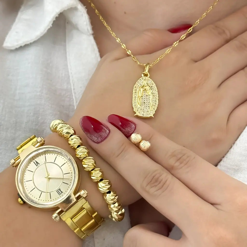 Juego de Cadena Tejido Crispeta + Virgen Guadalupe con Circones +Topo Balin de 5mm + Pulsera Balin 5mm Italiano en Baño de Oro + Reloj de Alta Calidad con Garantia