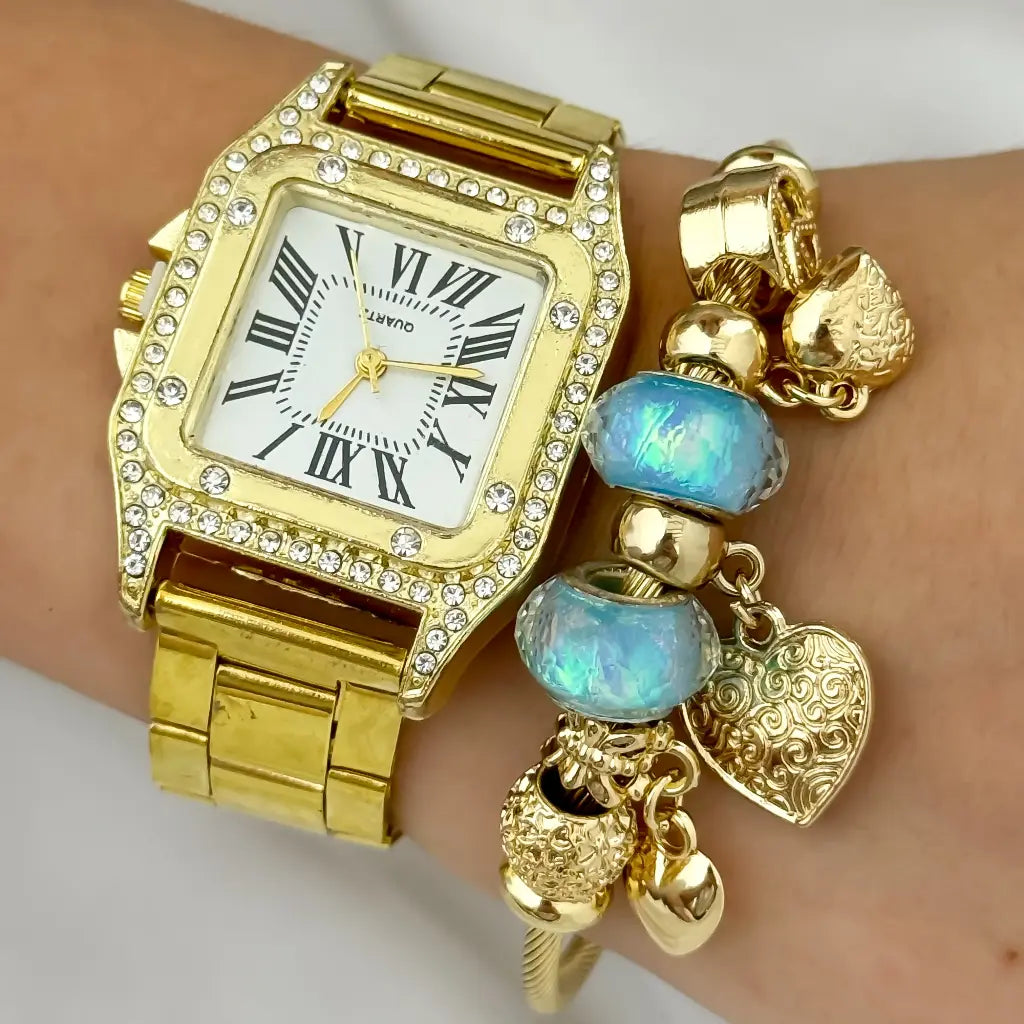 PULSERA PANDORA EN BAÑO ORO DE 18K CON GARANTIA + RELOJ TIPO CATIER