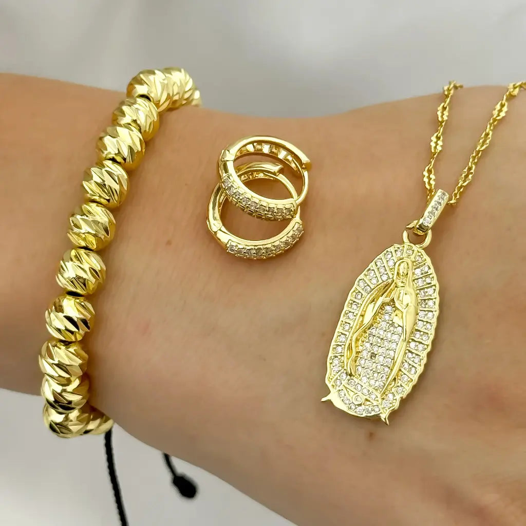 Conjunto para Dama Cadena Tejido Crispeta + Virgen Guadalupe + Candongas Circones Cristales + Pulseras Balin Italiano 6mm en Baño de Oro de 18k con Garantia de por vida