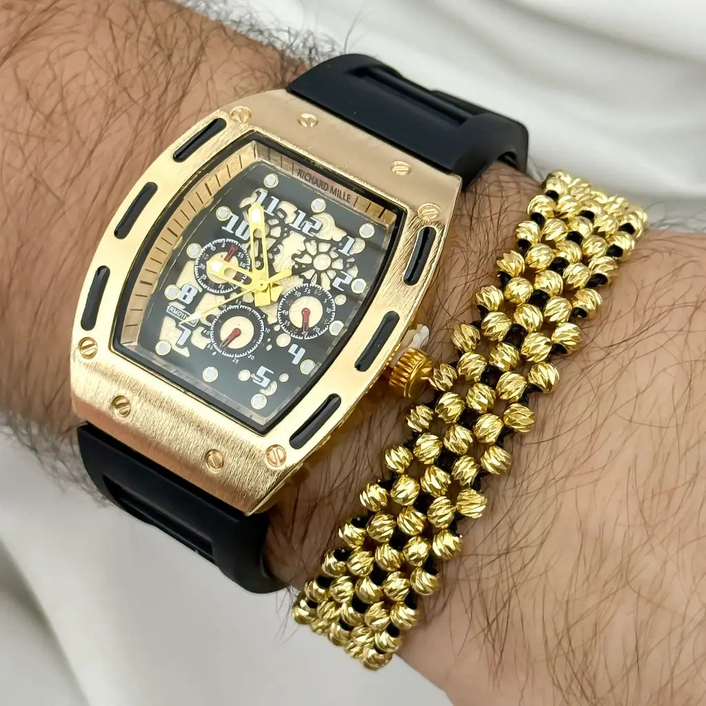 RELOJ RICHARD MILLE EN ORO AMARILLO + PULSERA BALIN DIAMANTADO 4MM 5 CARRILES EN BAÑO DE ORO DE 18K