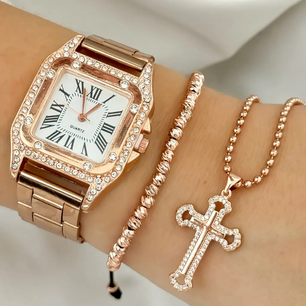Conjunto para Dama Oro Rosa Cadena Militar + pulsera Balin Italiao 4mm Rosado en Baño de Oro de 18k con Garantia + Reloj Tipo Catier en Oro Rosa con Garantia