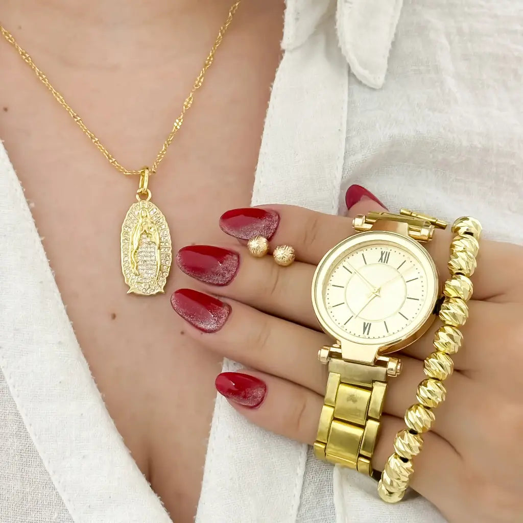 Juego de Cadena Tejido Crispeta + Virgen Guadalupe con Circones +Topo Balin de 5mm + Pulsera Balin 5mm Italiano en Baño de Oro + Reloj de Alta Calidad con Garantia