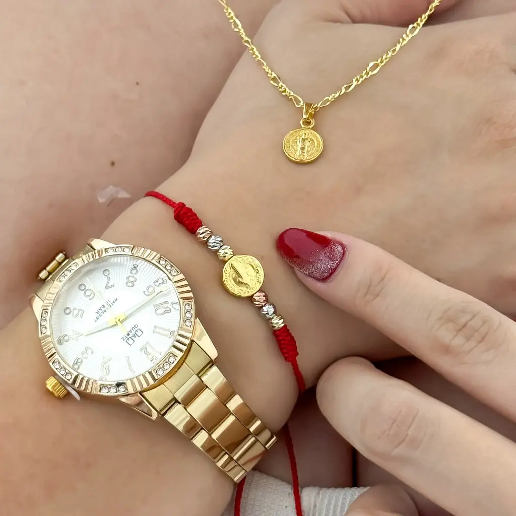 CONJUNTO SAN BENITO PROTECCION CADENA + DIJE SAN BENITO + PULSERA SAN BENITO EN BAÑO DE 18K CON GARANTIA + RELOJ DE DAMA ALTA CALIDAD