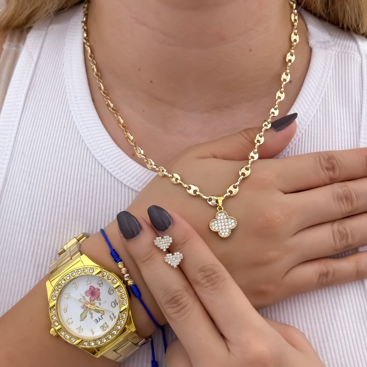 Hermoso Conjunto Cadena Tejido Gucci de Dama de 45cm de 3mm + Trebol de la Suerte + Topo Corazon + Hilo de Amor de 3 oros en Oro Laminado 18k con Garantía de por vida + Reloj JYE CON Garantía