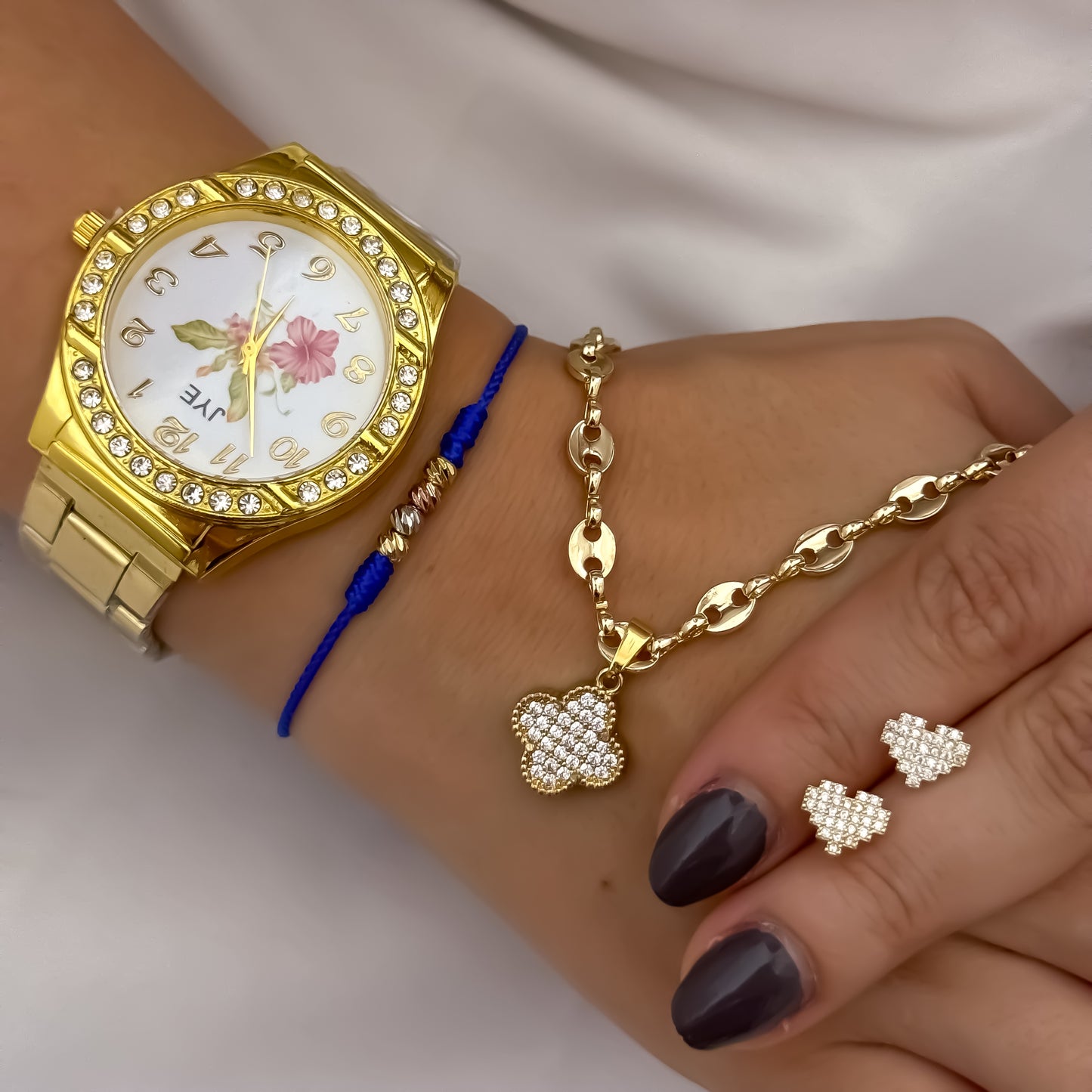 Hermoso Conjunto Cadena Tejido Gucci de Dama de 45cm de 3mm + Trebol de la Suerte + Topo Corazon + Hilo de Amor de 3 oros en Oro Laminado 18k con Garantía de por vida + Reloj JYE CON Garantía