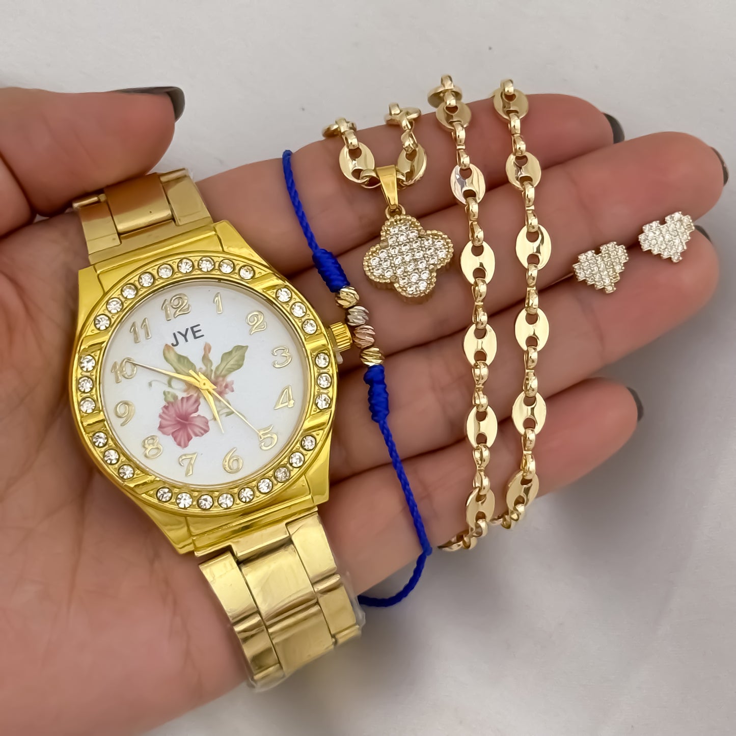 Hermoso Conjunto Cadena Tejido Gucci de Dama de 45cm de 3mm + Trebol de la Suerte + Topo Corazon + Hilo de Amor de 3 oros en Oro Laminado 18k con Garantía de por vida + Reloj JYE CON Garantía