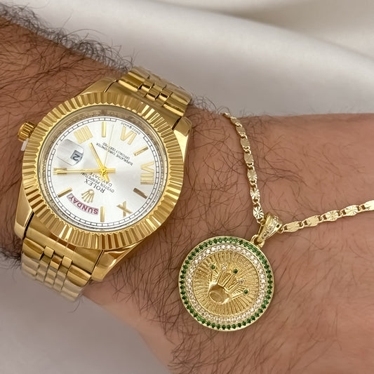 Cadena Tejido Escalera Plana con Destello de 60cm de 3mm de Grosor + Corona Rolex verde Esmeralda + Reloj de Hombre Rolex de Alta Calidad en Oro Laminado 18k
