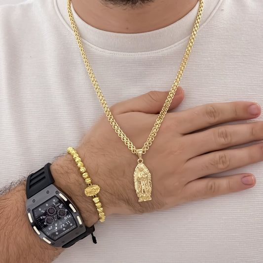 Cadena Tejido Chino de Hombre de 60cm de 5mm de Grosor + Virgen de Guadalupe Tallada + Pulsera Virgen de Guadalupe Tallada balin 5mm en Oro Laminado 18k con Garantia de por vida + Reloj de Hombre Richat con Garantia