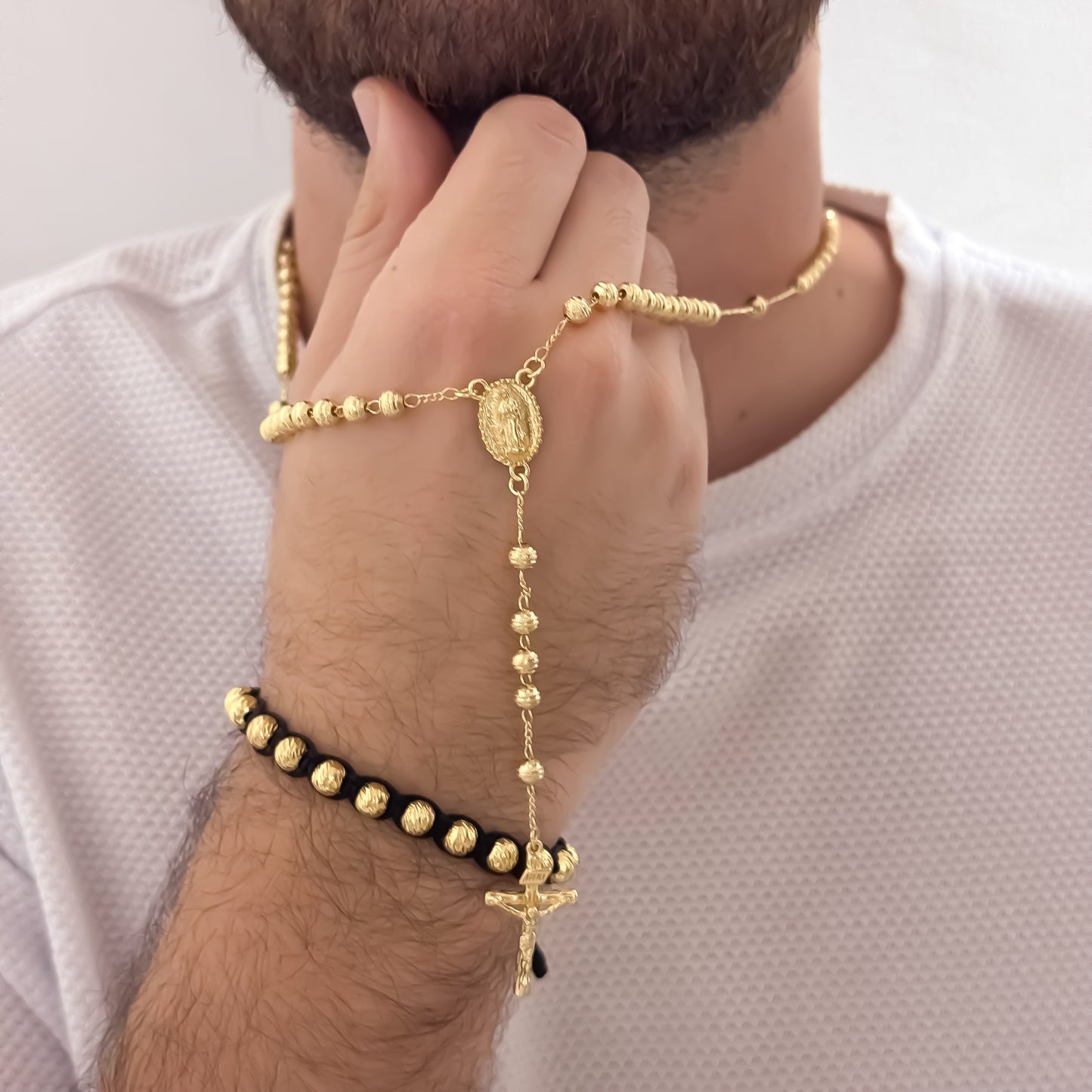 Camándula de Virgen de Guadalupe en Balin Italiano de 6mm + Pulseras Tejida en Balin Italiano de 6mm en Oro Laminado 18k con Garantia de por vida