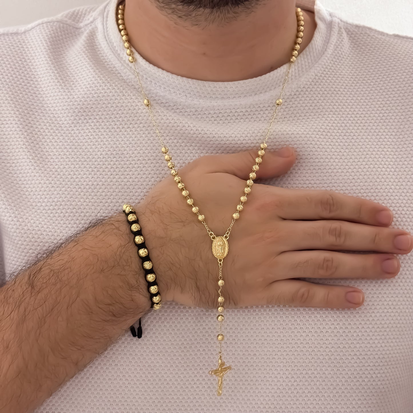 Camándula de Virgen de Guadalupe en Balin Italiano de 6mm + Pulseras Tejida en Balin Italiano de 6mm en Oro Laminado 18k con Garantia de por vida