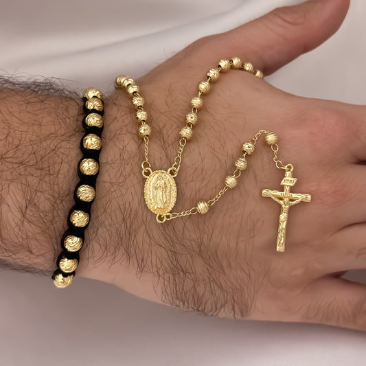 Camándula de Virgen de Guadalupe en Balin Italiano de 6mm + Pulseras Tejida en Balin Italiano de 6mm en Oro Laminado 18k con Garantia de por vida