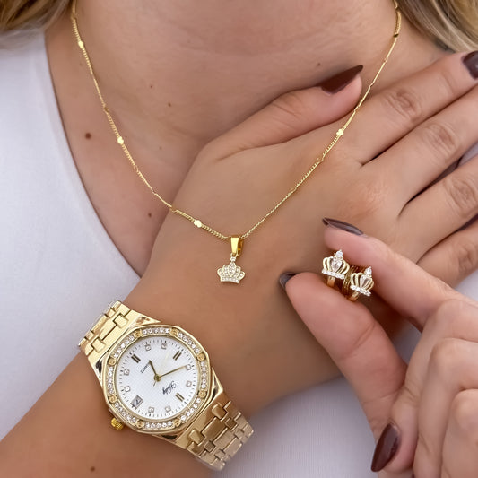 Cadena Tejido Cubana de corazon + Dije de Corona con micro circones + Topos Corona de Dama en  Oro Laminado 18k con Garantía de por vida + Reloj de Dama Hilfet