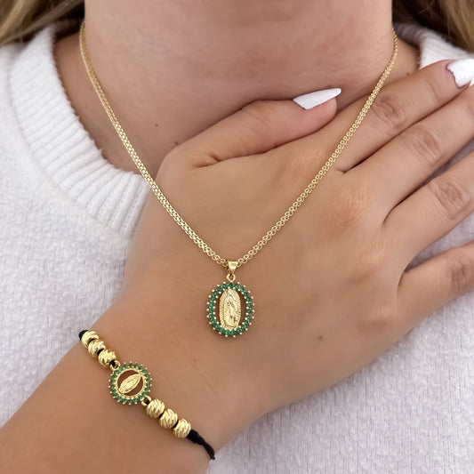 Cadena Tejido Chino de Dama de 45cm de 3mm de Grosor +  Virgen de Guadalupe de colores  con micro circones verde + Pulsera de virgern de Guadalupe con mico circones verde esmeralda en oro laminado 18k con Garantía de por vida