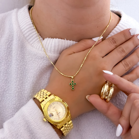 Cadena Tejido Militar Palito para Dama de 45CM + Cruz Verde Esmeralda + Candongas Melcochas de 20mm en Oro Laminado 18k con Garantia + Reloj de Dama Rolex en con Garantía