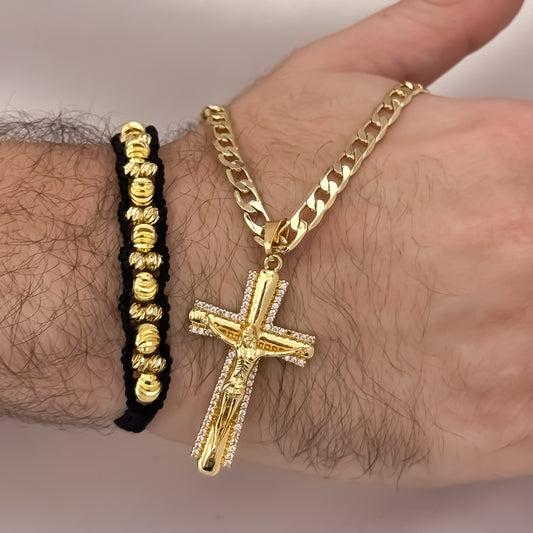 Cadena Tejido Cubana de Hombre de 60cm de 5mm de Grosor + Cruz Cristo Madero con Micro Circones  Cristales + Pulseras Balin Italiano de 6mm y 4mm en Oro Laminado 18k con Garantia de por vida
