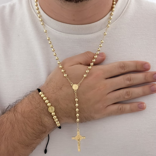 Camándula de San Benito Protección  de 60cm de 6mm de Grosor + Pulsera de San Benito Protección en Oro Laminado 18k con Garantia de por vida mismo color de Oro de 18k