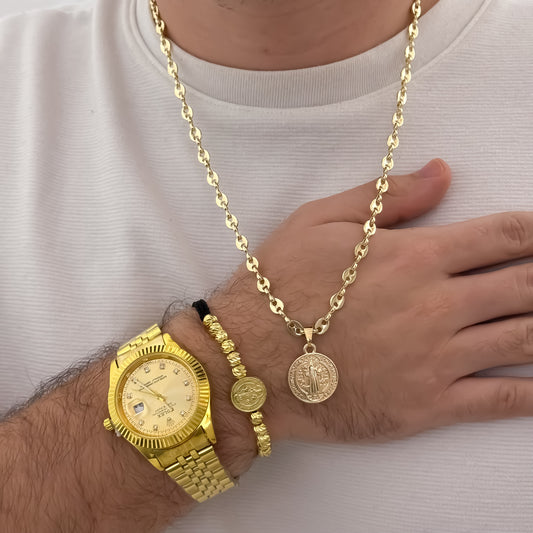 Cadena Tejido gucci de Hombre de 60cm de 3mm de Grosor + Medalla de San Benito + Pulsera Balin italiano san Benito en Oro laminado 18k con Garantia de por vida + Reloj Rolex de Hombre