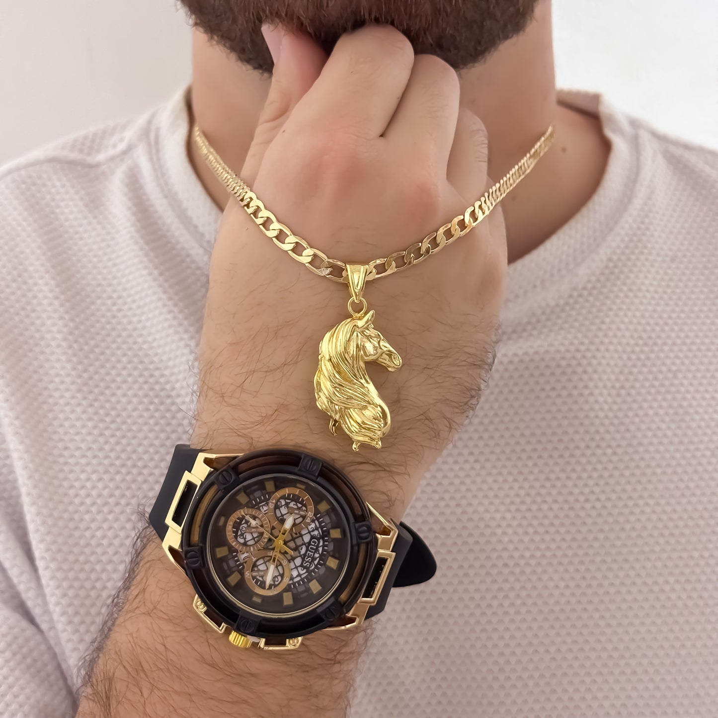 Cadena Cubana de Hombre de 60cm de 4mm + Dije de Silueta Caballo en Oro Laminado 18k con Garantia de por vida + Reloj Guess
