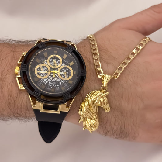 Cadena Cubana de Hombre de 60cm de 4mm + Dije de Silueta Caballo en Oro Laminado 18k con Garantia de por vida + Reloj Guess