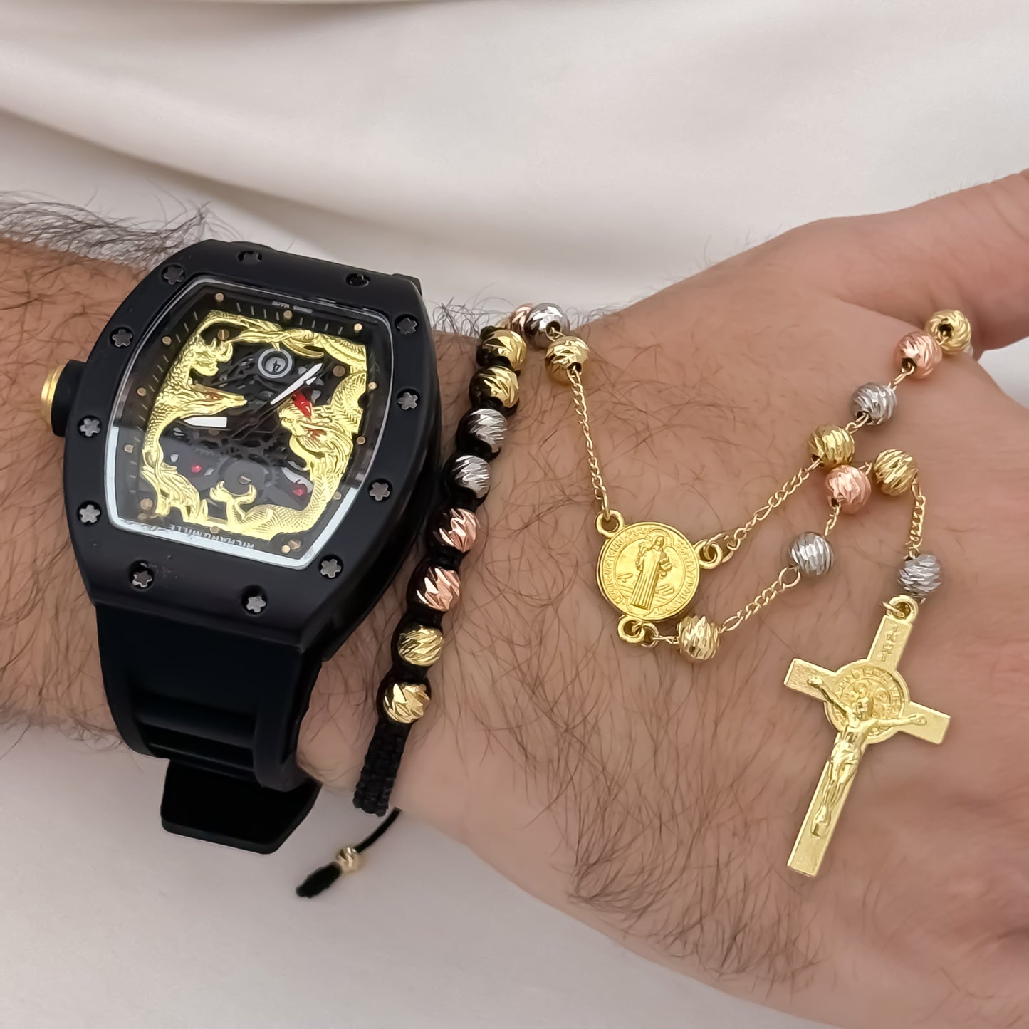 Camándula de San Benito Protección de 60cm de 5mm Balin italiano  de 3 Oros  + Pulsera Balin italiano en Oro Laminado18k con Garantia de por vida + Reloj Richard