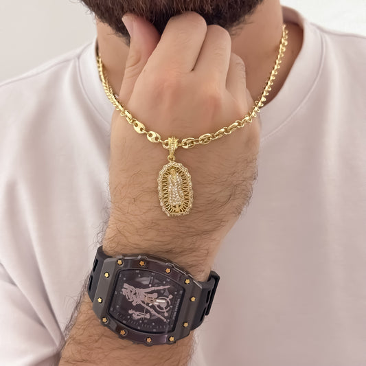Cadena Tejido Gucci de Hombre de 60 m de 5mm  + Virgen de Guadalupe Tallada en Oro Laminado 18k con Garantía de por vida + Reloj Richard