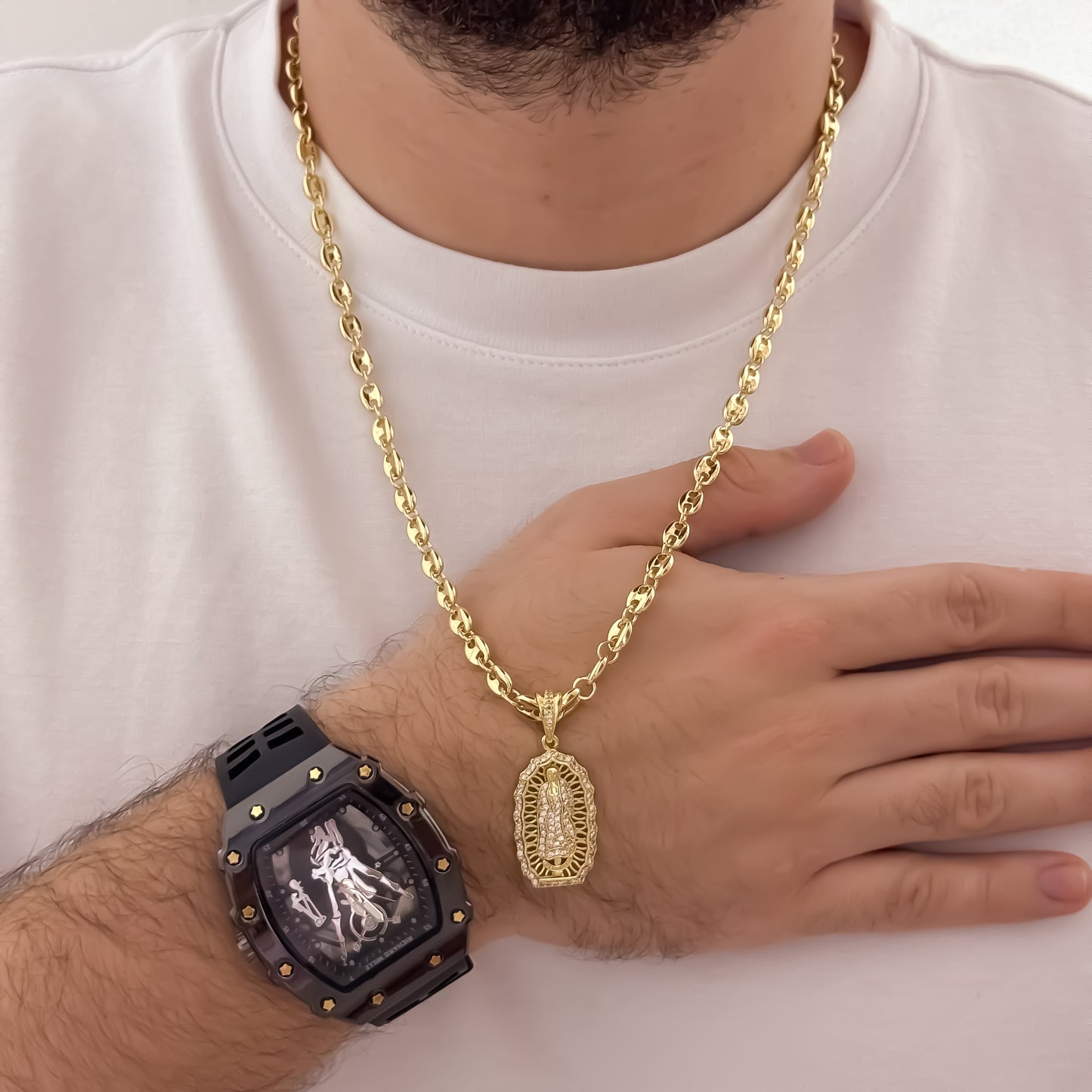 Cadena Tejido Gucci de Hombre de 60 m de 5mm  + Virgen de Guadalupe Tallada en Oro Laminado 18k con Garantía de por vida + Reloj Richard
