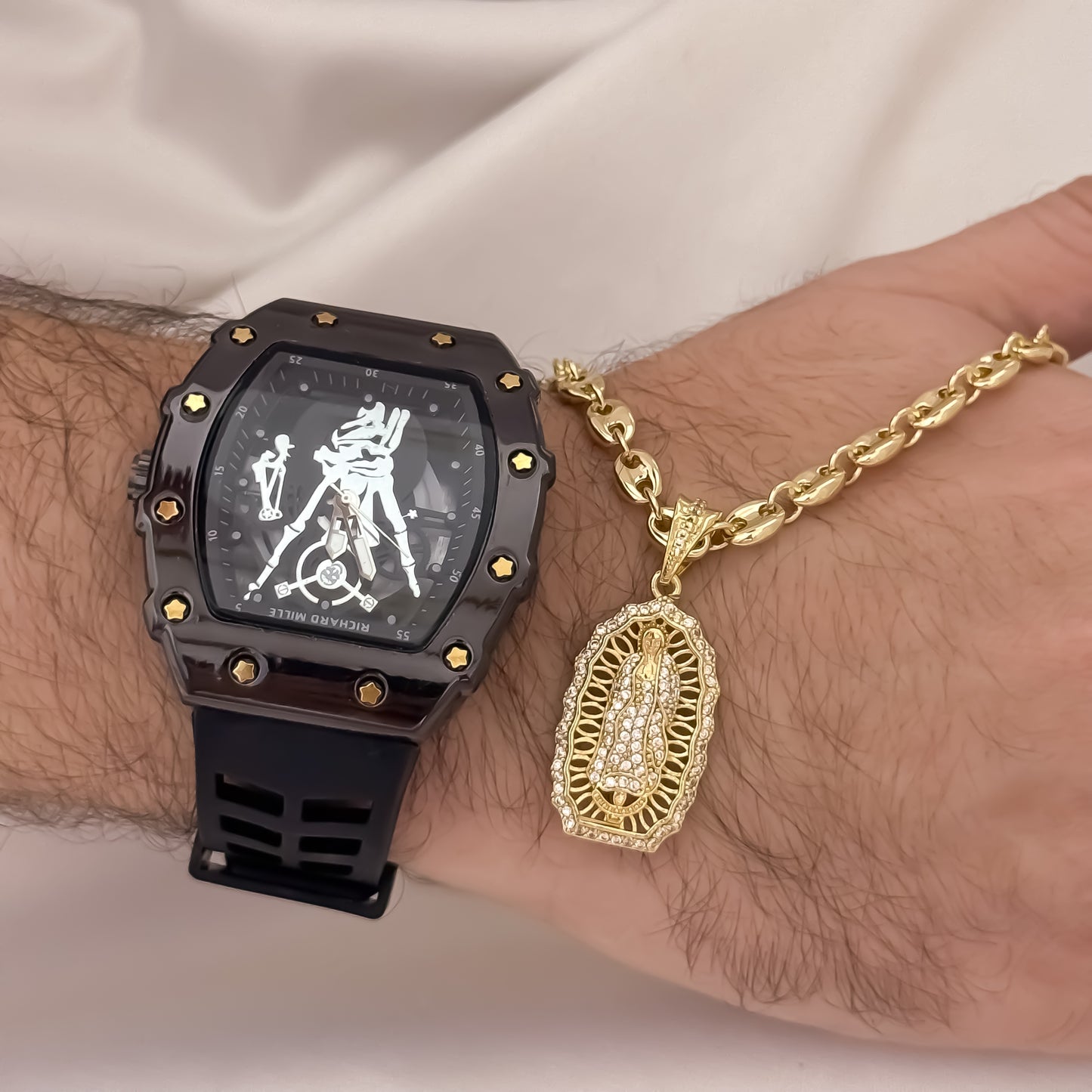 Cadena Tejido Gucci de Hombre de 60 m de 5mm  + Virgen de Guadalupe Tallada en Oro Laminado 18k con Garantía de por vida + Reloj Richard