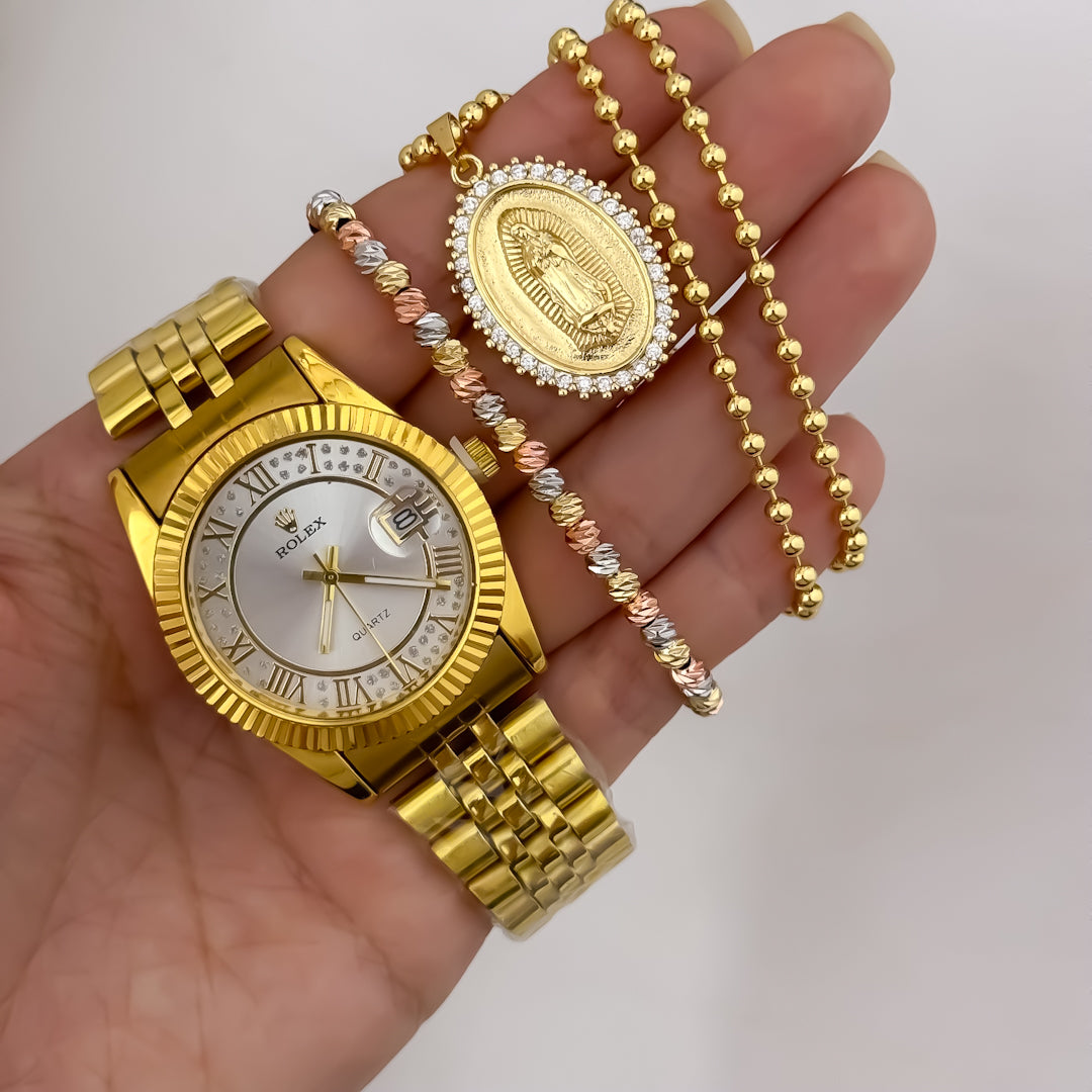Cadena Tejido Militar de Dama de 45cm + Pulsera en Balin italiano de 3  Oros + Reloj de Dama en Oro Laminado 18k con Garantia de por vida