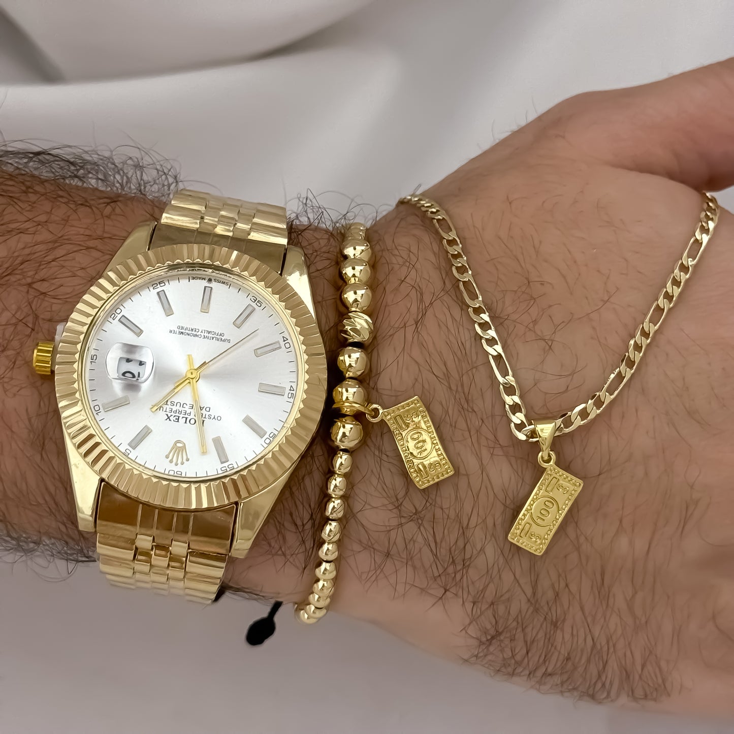 Cadena Tejido Catier de Hombre de 60cm de 3mm de Grosor + Dije de Dólar + Pulsera full Balines de Billete de Dólar  en Oro Laminado 18k con Garantía de por vida + Reloj de Hombre de Rolex con Garantía