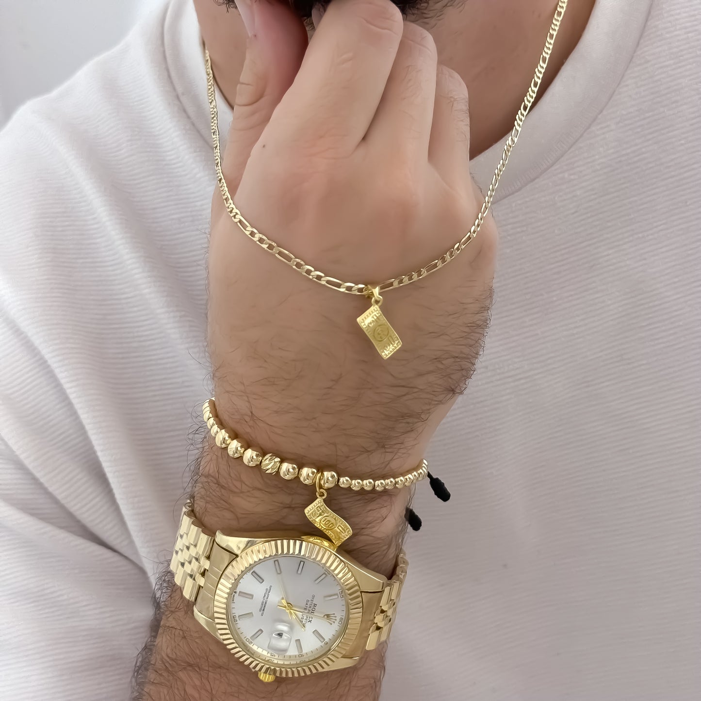 Cadena Tejido Catier de Hombre de 60cm de 3mm de Grosor + Dije de Dólar + Pulsera full Balines de Billete de Dólar  en Oro Laminado 18k con Garantía de por vida + Reloj de Hombre de Rolex con Garantía