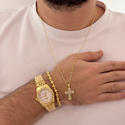Cadena Lazo Delgado de hombre de 60cm de 2mm + Cruz Micro Circones Cristales + Pulsera Italiana 6mm + Reloj de Hombre Rolex en Oro Laminado 18k con Garantia de por vida