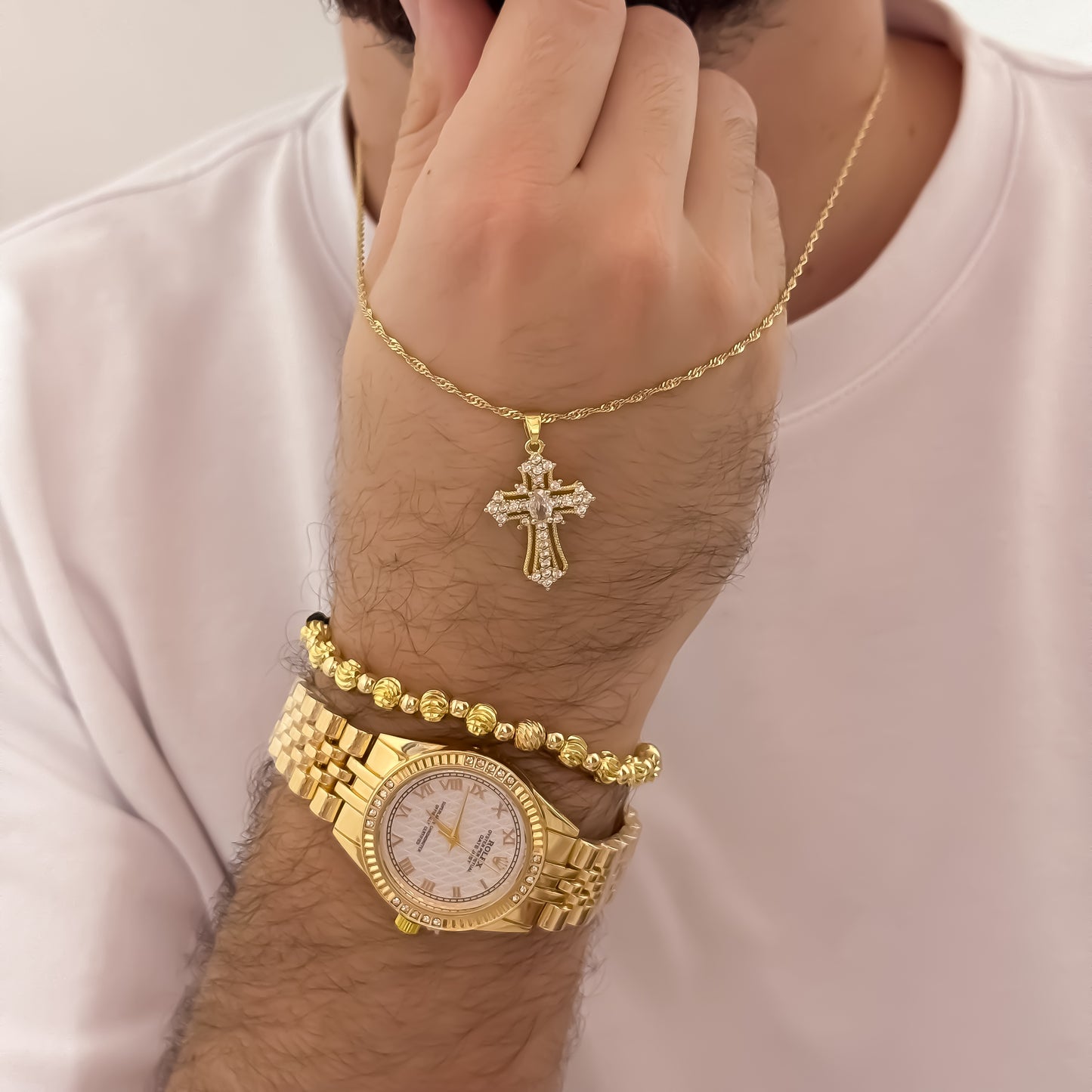 Cadena Lazo Delgado de hombre de 60cm de 2mm + Cruz Micro Circones Cristales + Pulsera Italiana 6mm + Reloj de Hombre Rolex en Oro Laminado 18k con Garantia de por vida