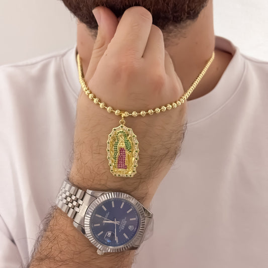 Cadena Tejido Militar Diamantada de 60cm de 4mm + Virgen de Guadalupe de Colores en Oro Laminado 18k con Garantia de por vida + Reloj Rolex