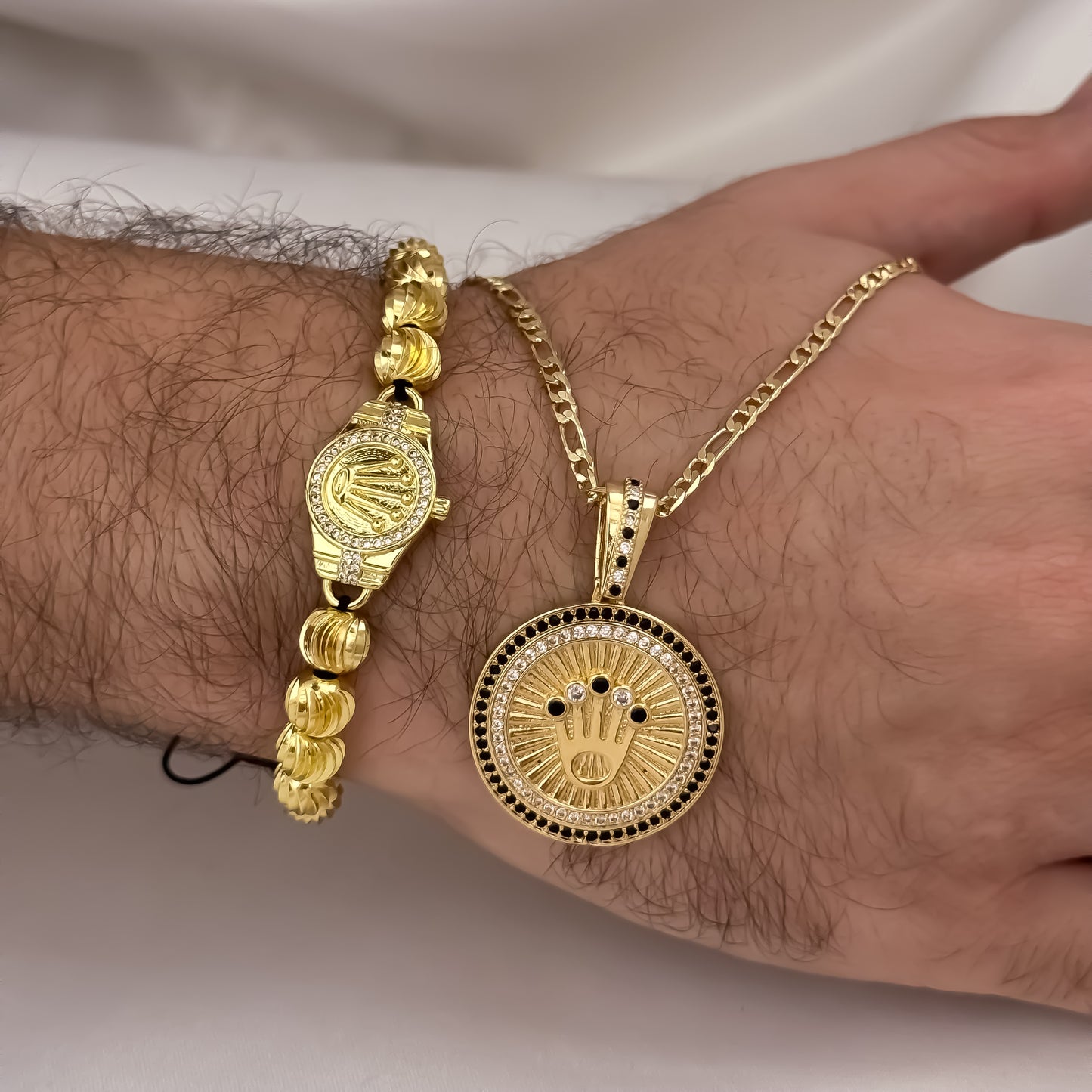 Cadena Tejido Catier de Hombre de 60m de 2mm + Corona Rolex + Pulseras Rolex Balin Italiano de 8mm en Oro Laminado 18k con Garantia de por vida