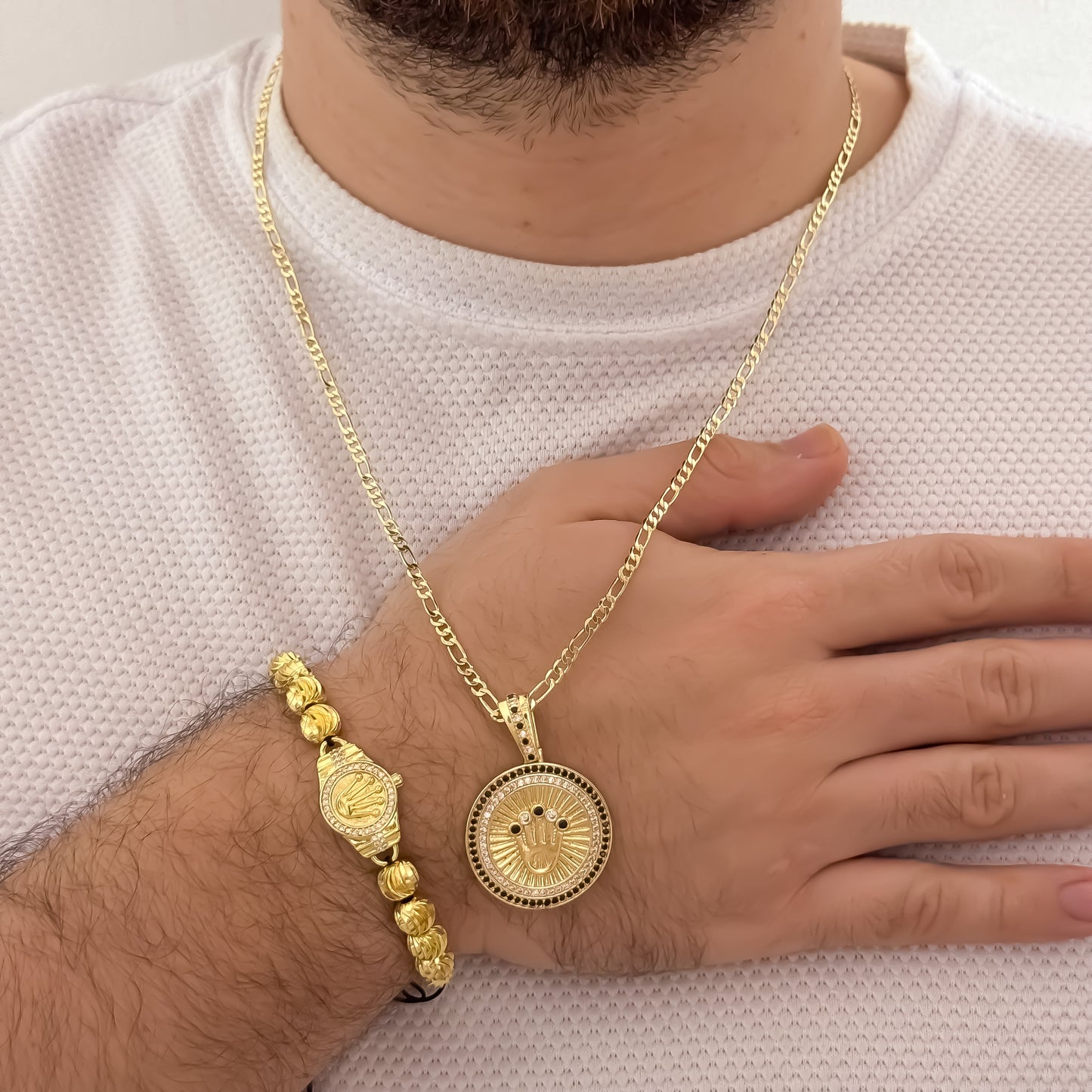 Cadena Tejido Catier de Hombre de 60m de 2mm + Corona Rolex + Pulseras Rolex Balin Italiano de 8mm en Oro Laminado 18k con Garantia de por vida