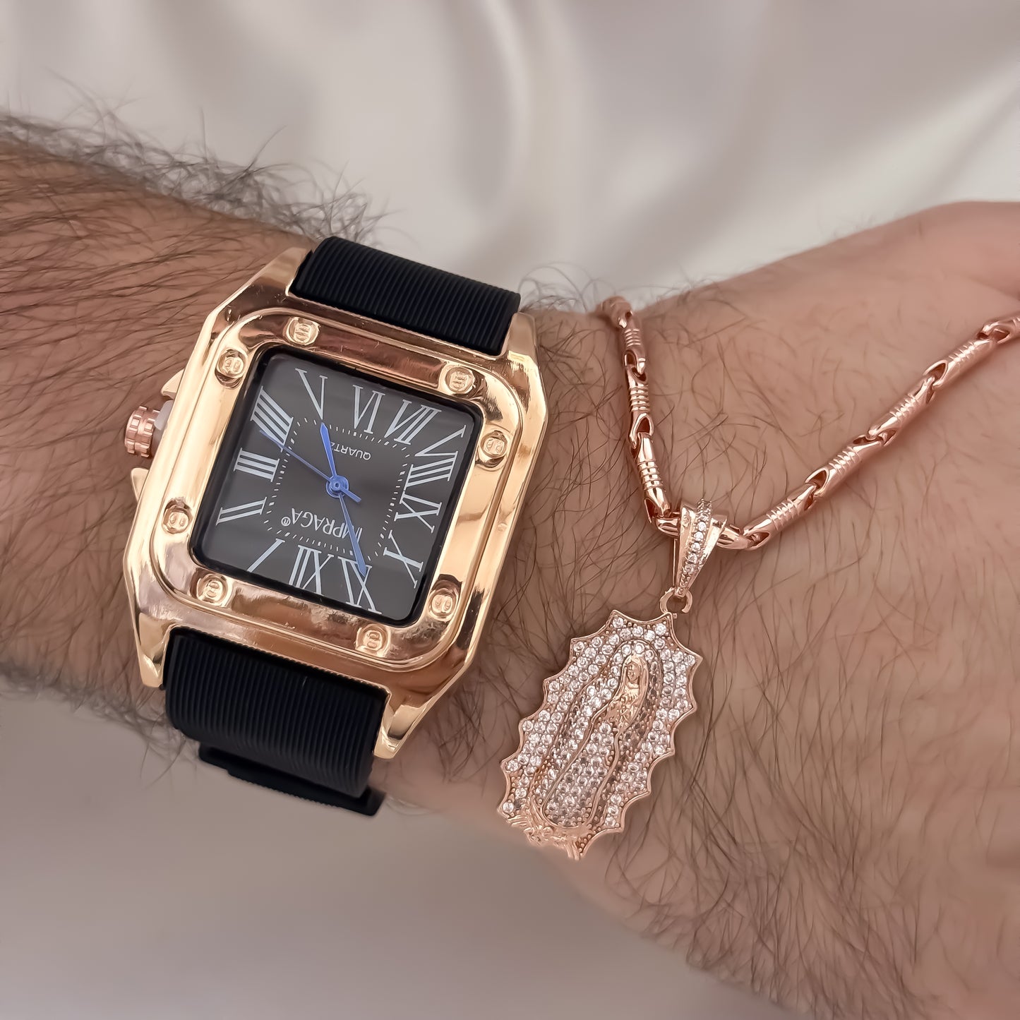 Cadena Tejido Rustica Rosada de 60cm de 3mmm + Virgen de Guadalupe Rosada + Reloj Catier en Oro Rosa en Oro Laminado 18k con Garantia de por vida