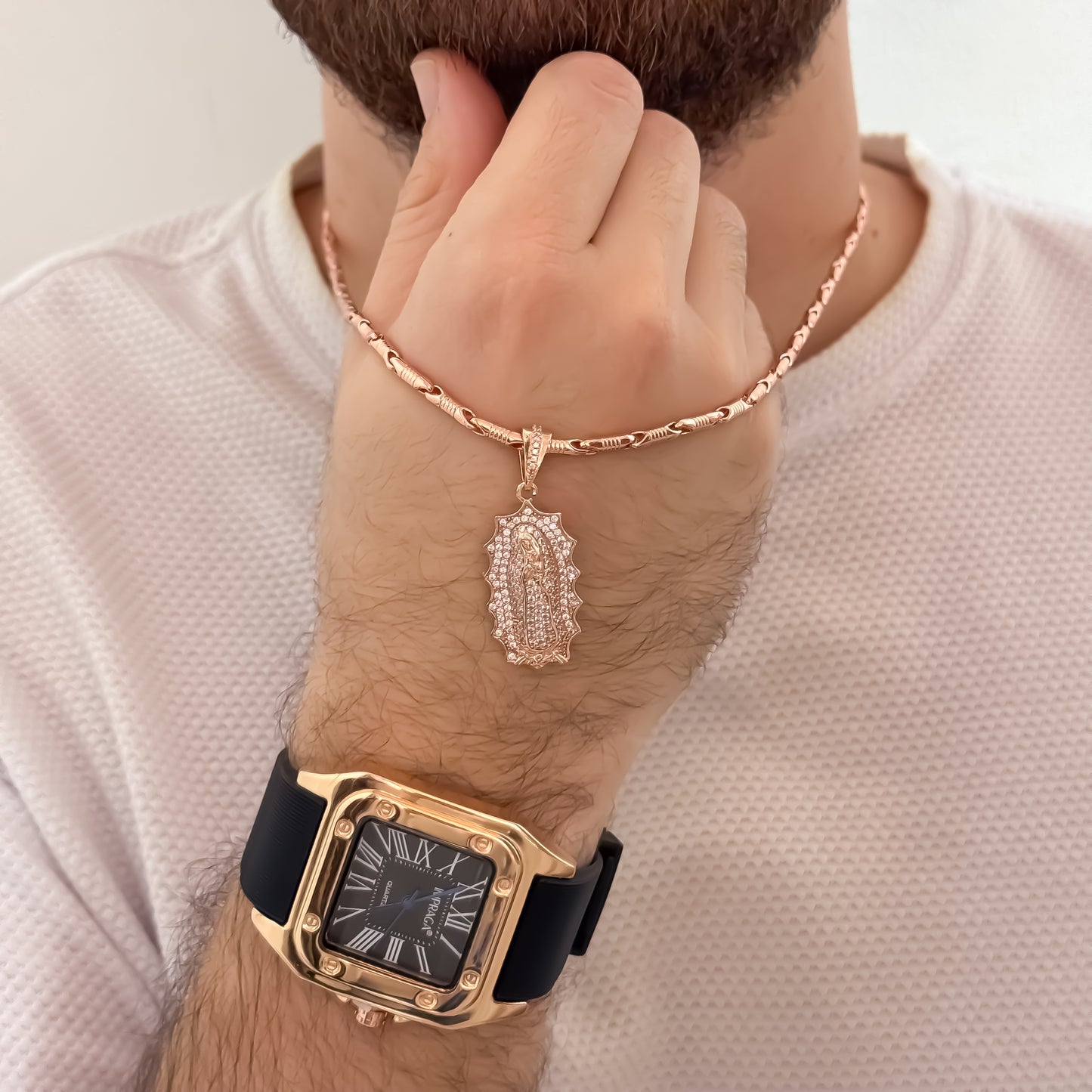 Cadena Tejido Rustica Rosada de 60cm de 3mmm + Virgen de Guadalupe Rosada + Reloj Catier en Oro Rosa en Oro Laminado 18k con Garantia de por vida