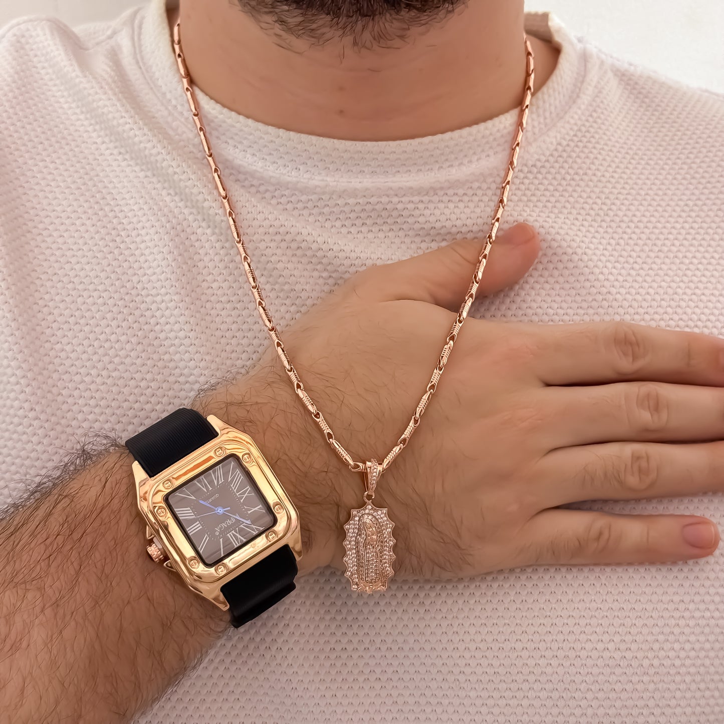 Cadena Tejido Rustica Rosada de 60cm de 3mmm + Virgen de Guadalupe Rosada + Reloj Catier en Oro Rosa en Oro Laminado 18k con Garantia de por vida