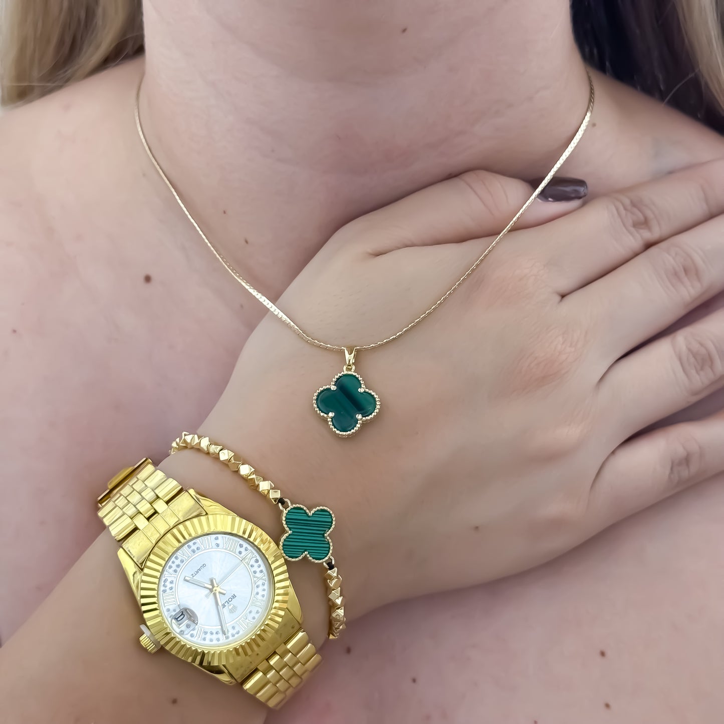Cadena Tejido Serpiente Delgado de Dama de 45cm de 3mm de Grosor + Van Cleef Verde  + Pulsera Van Cleef verde en Balin Italiano en Oro Laminado 18k con Garantia de por vida