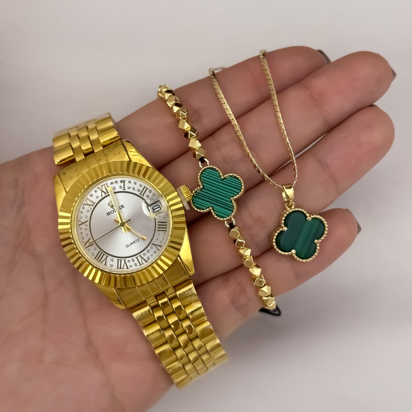 Cadena Tejido Serpiente Delgado de Dama de 45cm de 3mm de Grosor + Van Cleef Verde  + Pulsera Van Cleef verde en Balin Italiano en Oro Laminado 18k con Garantia de por vida
