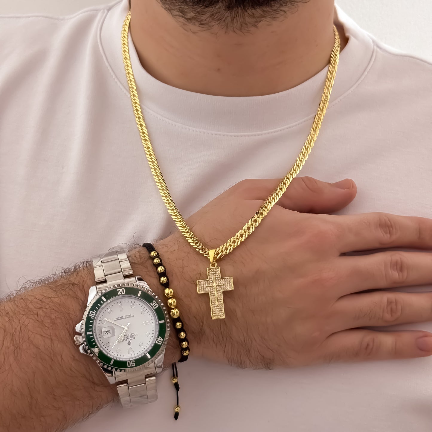 Cadena Tejido Cubana Cruzada de 60cm de 5mm de Grosor + Cruz con Micro Circones Cristales + Pulseras Tejida en Balin de Liso + Reloj Rolex Vicolor en Oro Laminado 18k con Garantia de por vida